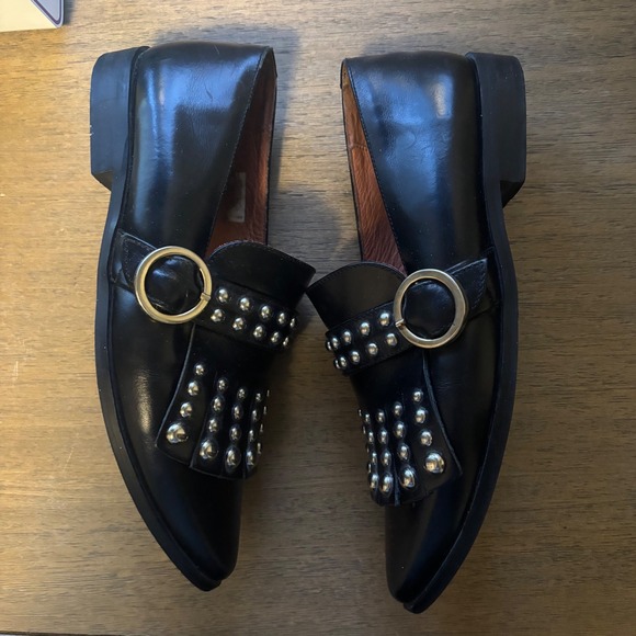 JONAK Paris Women's Black Leather‎ Studded Fringe Loafer Flats Size 36 - Picture 4 of 7